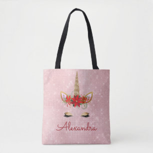 Tote Bag Monogramme de Noël Rose Gold Pink Unicorn