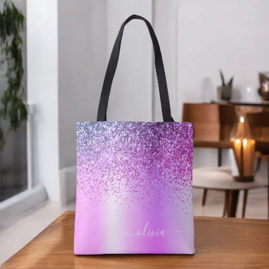 Tote Bag Monogramme de nom de luxe girly pailleté violet
