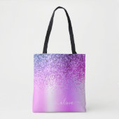 Tote Bag Monogramme de nom de luxe girly pailleté violet (Devant)