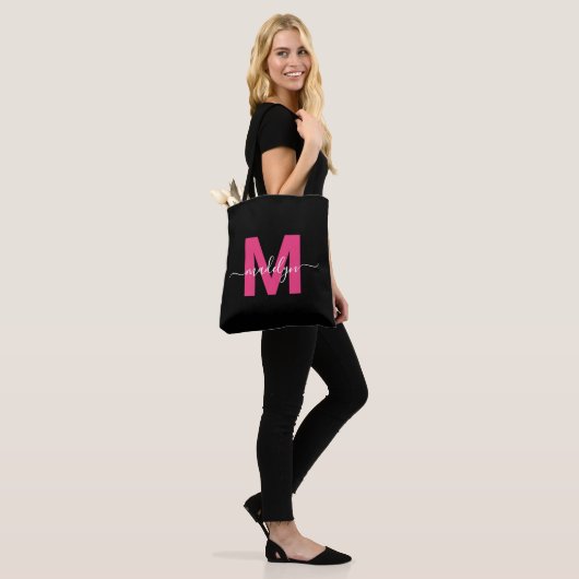 Tote Bag Monogramme de nom de script moderne rose chaud noi (Sur le modèle)