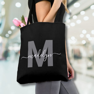 Tote Bag Monogramme de nom de script moderne tendance noir