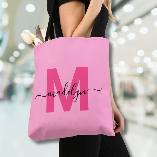 Tote Bag Monogramme de nom de script moderne tendance rose