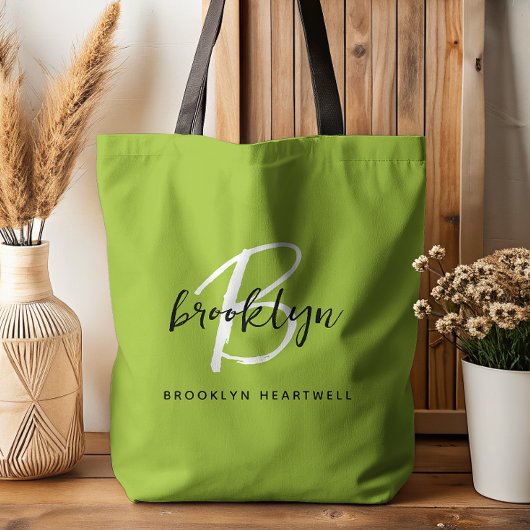 Tote Bag Monogramme de nom de script noir blanc vert citron