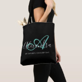 Tote Bag Monogramme de nom de script noir chic sarcelle ver (De près)