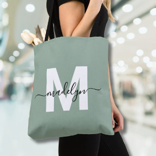 Tote Bag Monogramme de nom en écriture moderne vert sauge