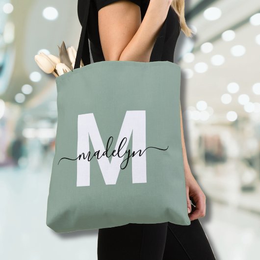 Tote Bag Monogramme de nom en écriture moderne vert sauge
