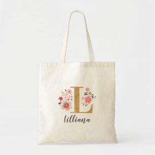 Tote Bag Monogramme de nom initial floral or tendance