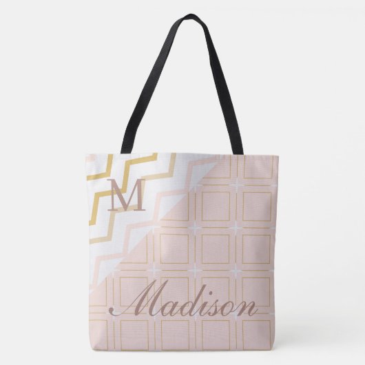 Tote Bag Monogramme de nom initial tendance géométrique pêc (Devant)