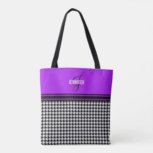 Tote Bag monogramme de nom pourpre de Black White Houndstoo (Dos)