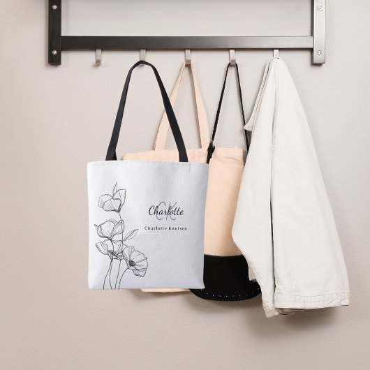 Tote Bag Monogramme de nom simple en ligne art fleurs sauva