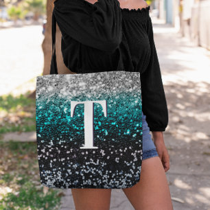 Tote Bag Monogramme de Parties scintillant Turquoise argent