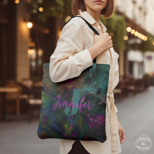 Tote Bag Monogramme de peinture liquide sarcelle et violet