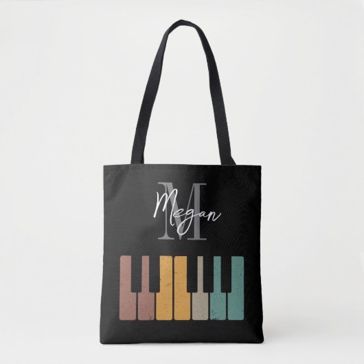 Tote Bag Monogramme de piano rétro Nom noir personnalisé (Devant)