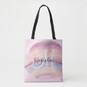 Tote Bag Monogramme de pinceau bleu glam or rose (Devant)