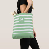 Tote Bag Monogramme de plage rayé vert côtier blanc (De près)