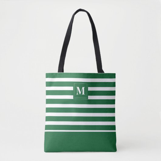 Tote Bag Monogramme de plage rayé vert côtier blanc (Devant)