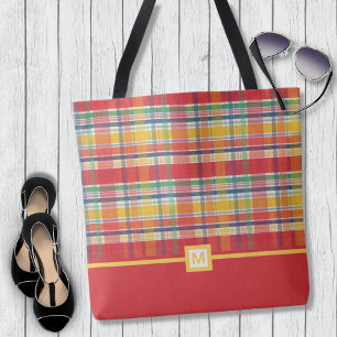 Tote Bag Monogramme de plaid des Madras rouges colorés