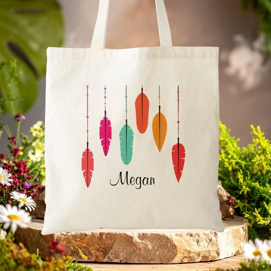 Tote Bag Monogramme de plume arc-en-ciel rose et orange