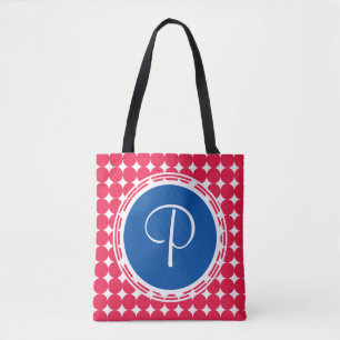 Tote Bag Monogramme de point Polka bleu et rouge