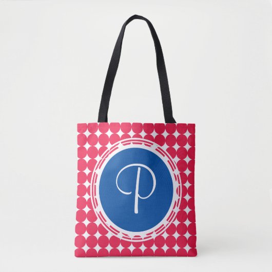 Tote Bag Monogramme de point Polka bleu et rouge (Devant)