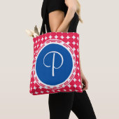 Tote Bag Monogramme de point Polka bleu et rouge (De près)
