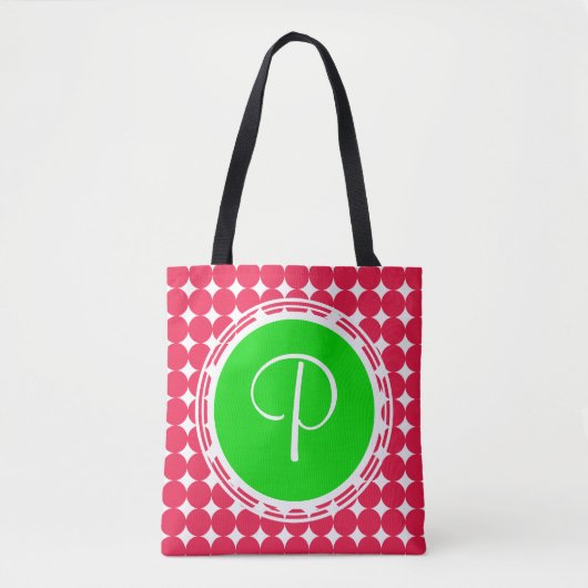 Tote Bag Monogramme de point Polka vert et rouge (Devant)