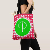 Tote Bag Monogramme de point Polka vert et rouge (De près)