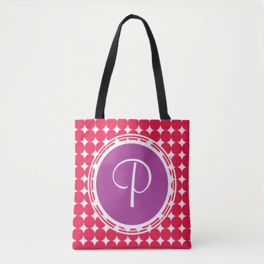 Tote Bag Monogramme de point Polka violet et rouge (Devant)