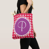 Tote Bag Monogramme de point Polka violet et rouge (De près)