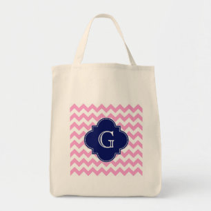 Tote Bag Monogramme de Quatrefoil de la marine Chevron blan