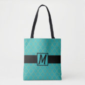 Tote Bag Monogramme de Quatrefoil turquoise et or (Devant)