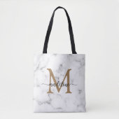 Tote Bag Monogramme de script féminin or marbre moderne (Devant)
