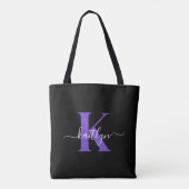 Tote Bag Monogramme de script moderne violet noir (Dos)