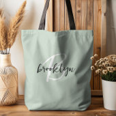 Tote Bag Monogramme de script noir blanc de mode Sage Green
