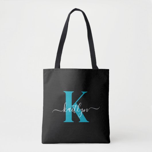 Tote Bag Monogramme de script sarcelle noir moderne (Devant)