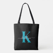 Tote Bag Monogramme de script sarcelle noir moderne (Dos)