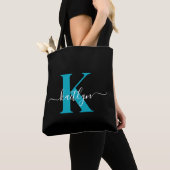Tote Bag Monogramme de script sarcelle noir moderne (De près)