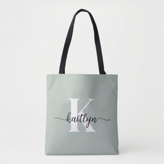 Tote Bag Monogramme de script vert Sage (Devant)