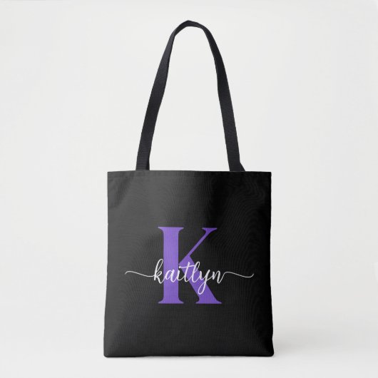 Tote Bag Monogramme de script violet noir (Devant)