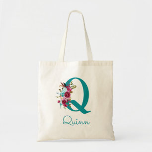 Tote Bag Monogramme de style floral lettre Q couleur sarcel