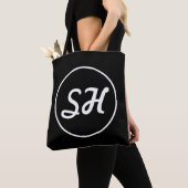 Tote Bag Monogramme de style rétro-moderne cool | Noir et b (De près)
