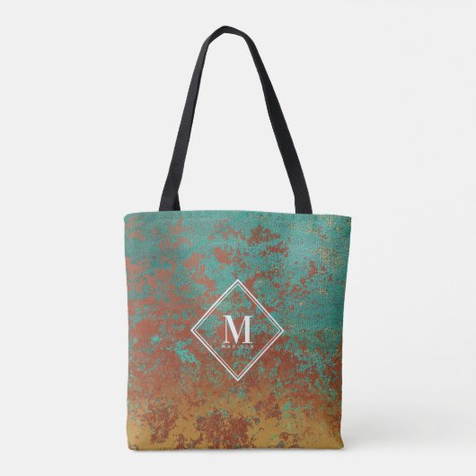 Tote Bag Monogramme de texture métallique turquoise en cuiv (Dos)