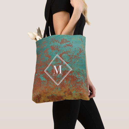 Tote Bag Monogramme de texture métallique turquoise en cuiv (De près)