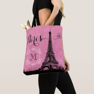 Tote Bag Monogramme de toile de jute de rose de Tour Eiffel