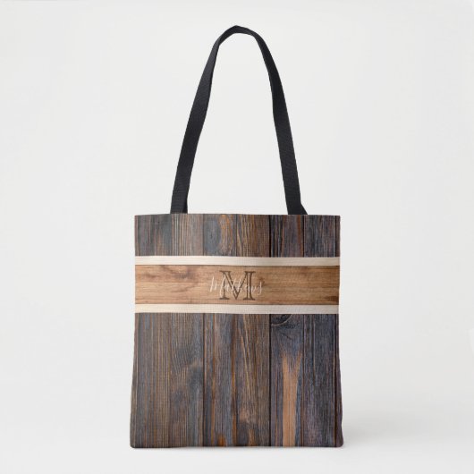 Tote Bag Monogramme de ton en bois rustique Bande horizonta (Devant)