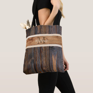 Tote Bag Monogramme de ton en bois rustique Bande horizonta