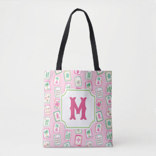 Tote Bag Monogramme de tuiles de Mahjong Pink & Green Palm