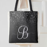 Tote Bag Monogramme d'étincelle à Parties scintillant noire<br><div class="desc">Personnalisez facilement ce sac fourre-tout élégant et branché avec une jolie parties scintillant brillante noire sur un arrière - plan métallique brossé noir.</div>