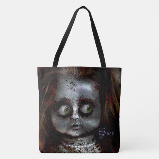 Tote Bag Monogramme d'Halloween effrayant poupée (Devant)