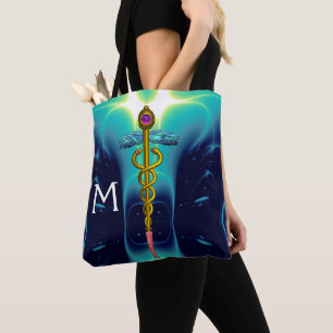 Tote Bag MONOGRAMME D'OR CADUCUS MÉDICALE, Bleu Turquoise